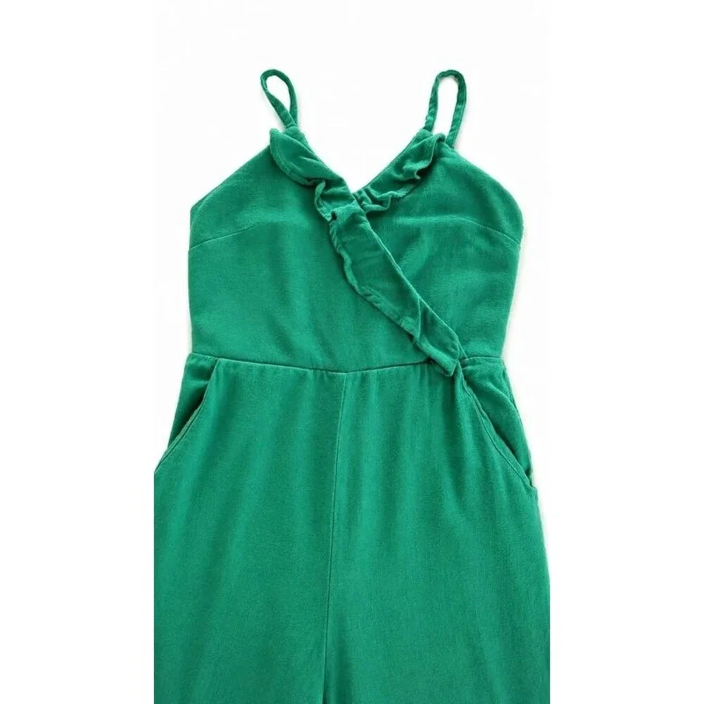 GB Girls Green Ruffle Wrap Jumpsuit Size 7 Wide Leg Adjustable Straps